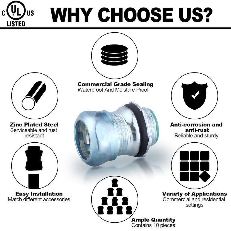 Copkim 10 Pcs 1/2 Inch EMT Raintight Compression Connectors Zinc Plated Steel, Insulated Waterproof EMT Box Connector Electrical Conduit Fittings - Image 4